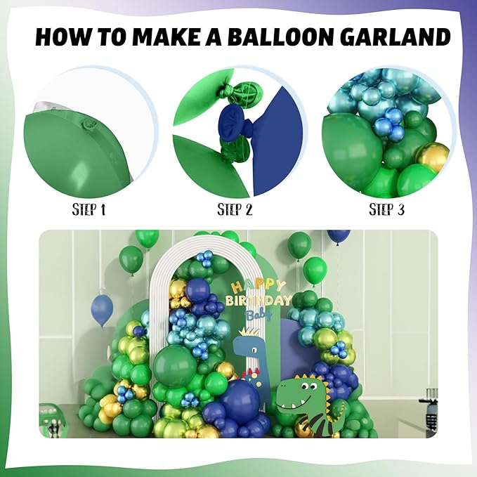 134Pcs Blue and Green Balloon Garland Kit, Navy Blue Dark Green Gold Balloon Arch Kit with Metallic Chrome Balloons, Dinosaur Helium Latex Balloons for Dino Jungle Safari Birthday Party Decorations