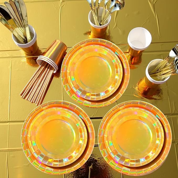 201-piece disposable party tableware set with paper plates, cups, napkins, straws, tablecloths, plastic knives, forks and spoons for a variety of party occasions for up to 25 people (Golden Rainbow)