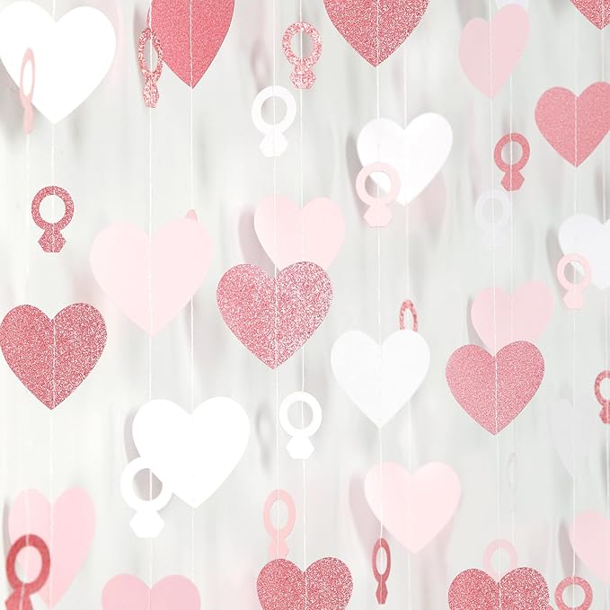 Rose-Gold Pink White Heart-Ring Garland - 52Ft Engagement Bachelorette Party Decorations Wedding Paper Streamers Banner,Valentines Day Galentines Proposal Decor Lasting Surprise