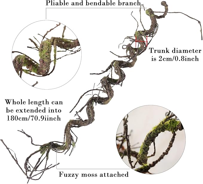 1Pcs 71inch Bendable Artificial Floral Grapevine Garland Fake Realistic Woody Tree Branches Plants Twigs Stems Trunk with Moss for Outdoor Mantel Wall Hanging Garden Halloween Jungle Room Decoration