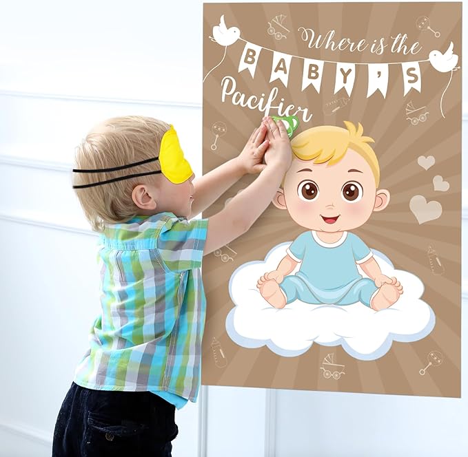 Hxezoc Baby Shower Game Pin The Pacifier On The Baby with 72 Pcs Pacifier Stickers, Large Baby Party Games Poster for Boys Kids Baby Shower Birthday Party Supplies