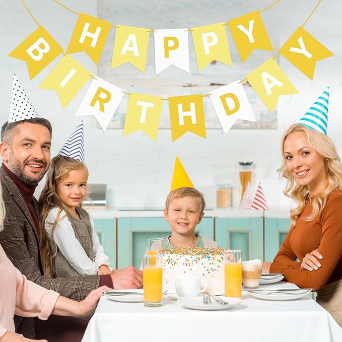 Hooqict Happy Birthday Banner Yellow Birthday Decorations for Kids Girls Women Birthday Tea Party Decorations Yellow Party Banner Garland Sign Bunting Flag Wall Porch Door Hanging Decor