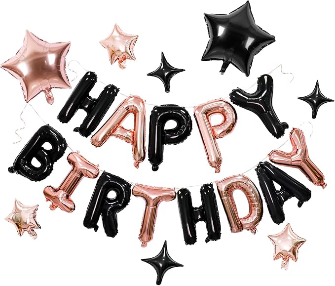 Happy Birthday Banner with 3D Mylar Foil Letter Balloons & 8pcs Star Balloons - Birthday Party Decorations for Kids, Boys, Men & Adults - Black & Rose Gold