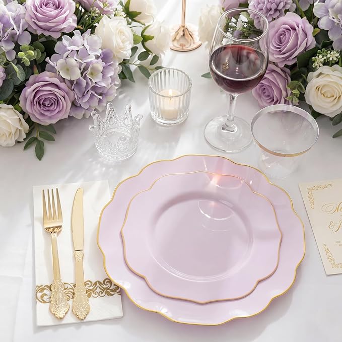NOCCUR 175PCS Purple Plastic Plates with Gold Disposable Silverware - Include 50 Lavender and Gold Plastic Plates,25 Knives,25 Forks,25 Spoons,25 Cups and 25 Napkins - Easter Day/Spring Party