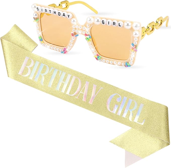 Birthday Girl Sash & Glasses Set, Gold Glitter Birthday Sash for Women Girls, Happy Birthday Decorations Outfits Accessories Party Favors Set for Women Girls