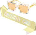 Birthday Girl Sash & Glasses Set, Gold Glitter Birthday Sash for Women Girls, Happy Birthday Decorations Outfits Accessories Party Favors Set for Women Girls