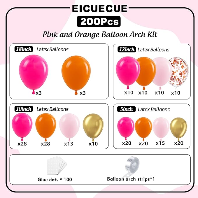 200Pcs Pink and Orange Gold Balloons Garland Arch Kit - Hot Pink Orange Baby Pink Metallic Gold Different Size Balloon for Birthday Baby Shower Wedding Tropical Summer Party Decorations