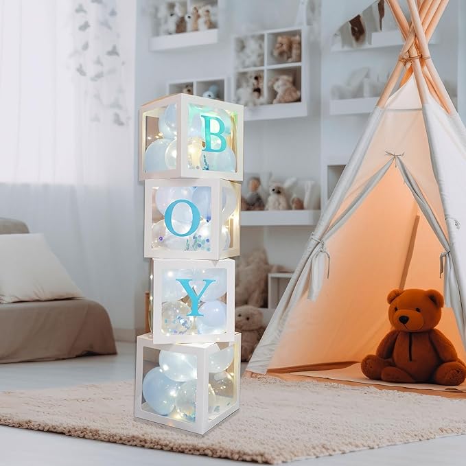 Uptotop Baby Shower Decorations Clear Balloon Blocks with Fairy String Lights, 4 Pack Transparent Balloon Boxes Including 30 Letters, 4 Warm White Fairy Lights & 36 Latex Balloons, Blue