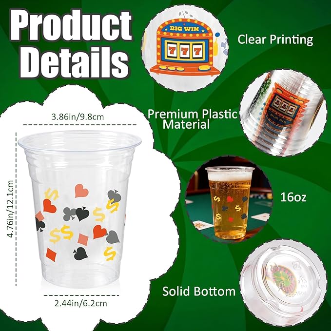 50 Pcs Casino Party Cups, 16 Oz Casino Plastic Cup Poker Clear Disposable Drinking Cups for Poker Game Night Themed Party Decoration Birthday Wedding Party Supplies