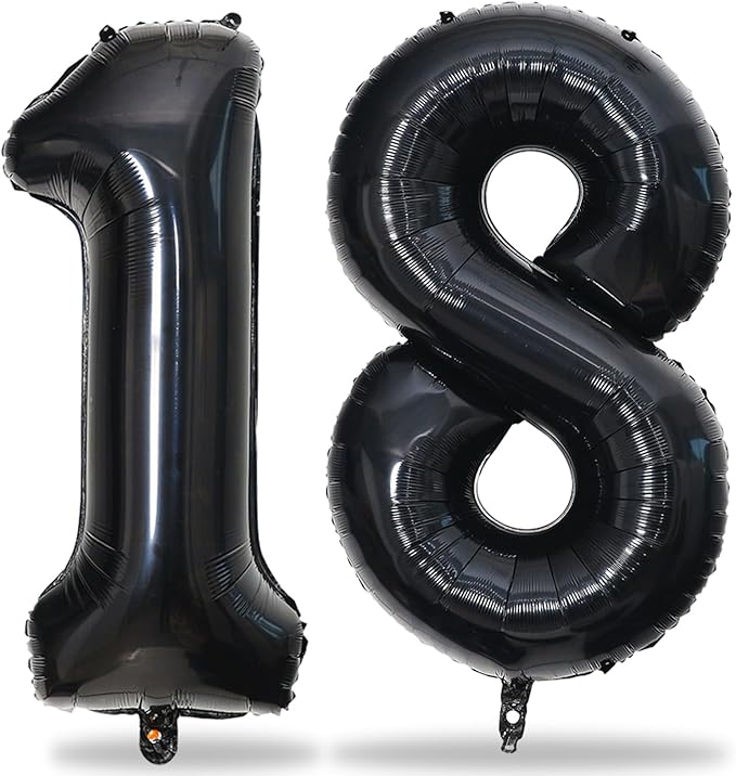 Large Black Mylar Foil 18th Birthday Balloons - 40 Inch Number 1 & 8 for Boys & Girls, Anniversary Party Decorations