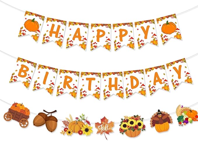 Fall Thanksgiving Happy-Birthday Party-Decorations Banner - 2pcs Orange Garland,Autumn Pumpkin Turkey Flowers Maple Leaves Hanging Swirls Streamers Decor Panduola