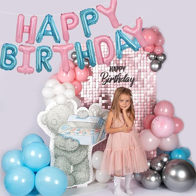 TONIFUL Happy Birthday Balloons Banner 16 Inch Mylar Foil Letters Birthday Sign Reusable for Girls Boys Kids & Adults Birthday Party Decorations Supplies（Light Pink Blue）
