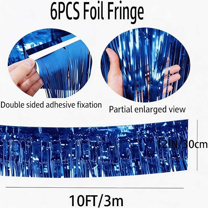 Blue Foil Fringe Garland 6Pcs 10 Feet Metallic Tinsel Hanging Curtain Glitter Backdrop Banner for Parade Floats Christmas Wedding Party Decorations