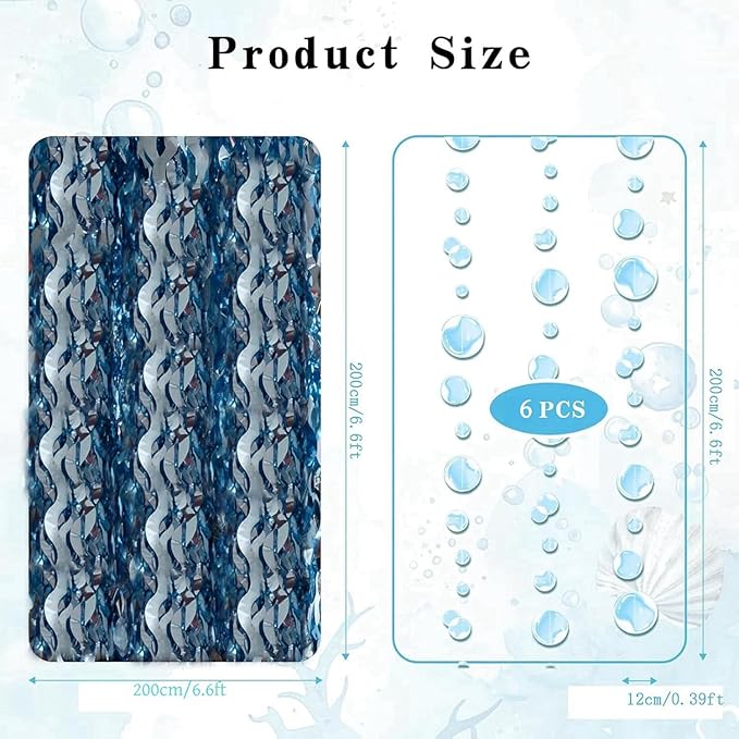 Blue Wave Shaped Streamers Ocean Themed Tinsel Foil Fringe Curtain with Bubble Garlands for Beach Under The Sea Party Decorations (6.6 feet Curtain 6 Bubble Garlands)