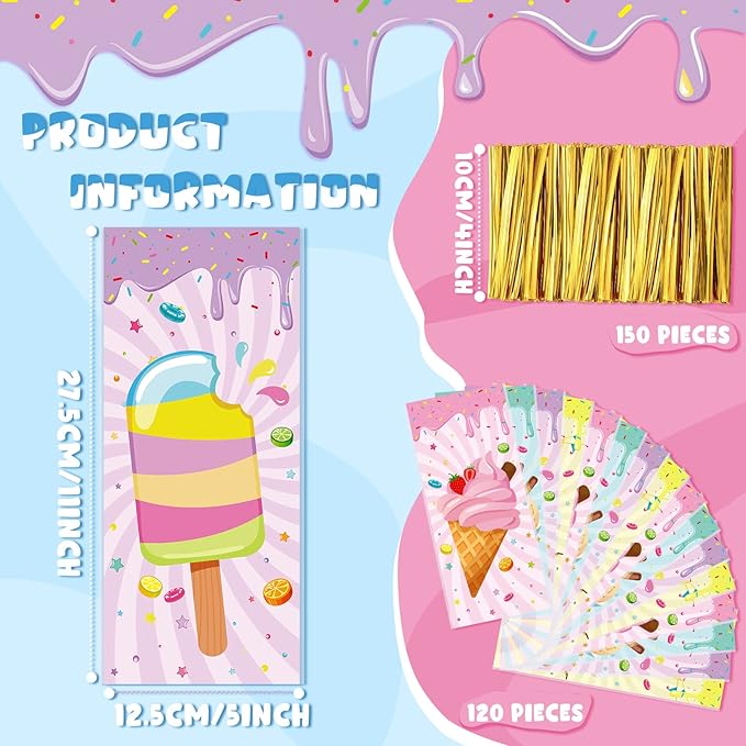 Eaasty 120 Pieces Ice Cream Party Favor Bags, 5 x 11 Inch Four Ever Sweet Goodie Bags with Twist Ties Goodie Cello Wrapping for Ice Cream Theme Party, Baby Shower, Weddings, Valentines
