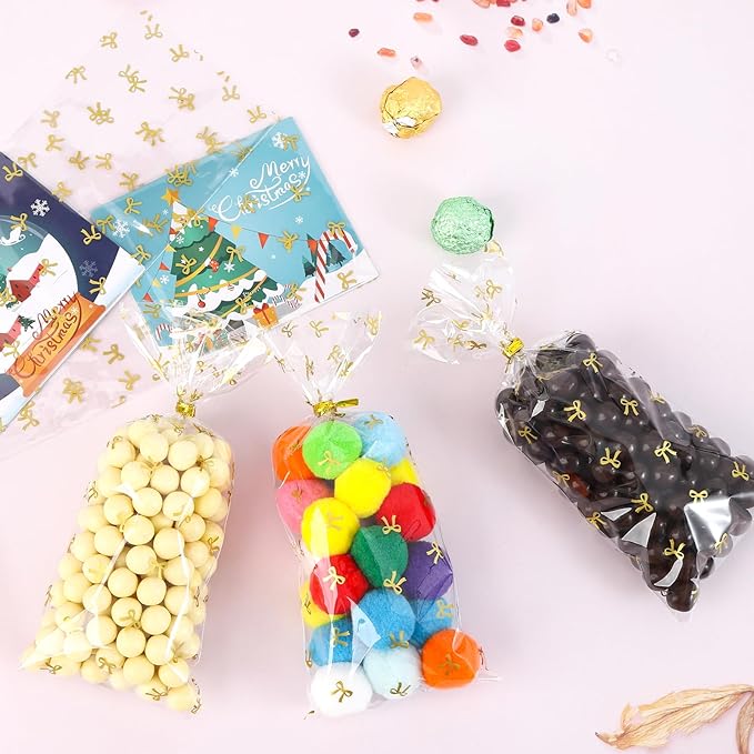 Clear Gift Bags, 4X9 In 100 PCS Cello Cellophane Treat Bags Party Favor Bags Clear Candy Cookie Bags Plastic Poly Goodie Bags with Twist Tie for Birthday,Baby shower,Wedding (Gold Bow)