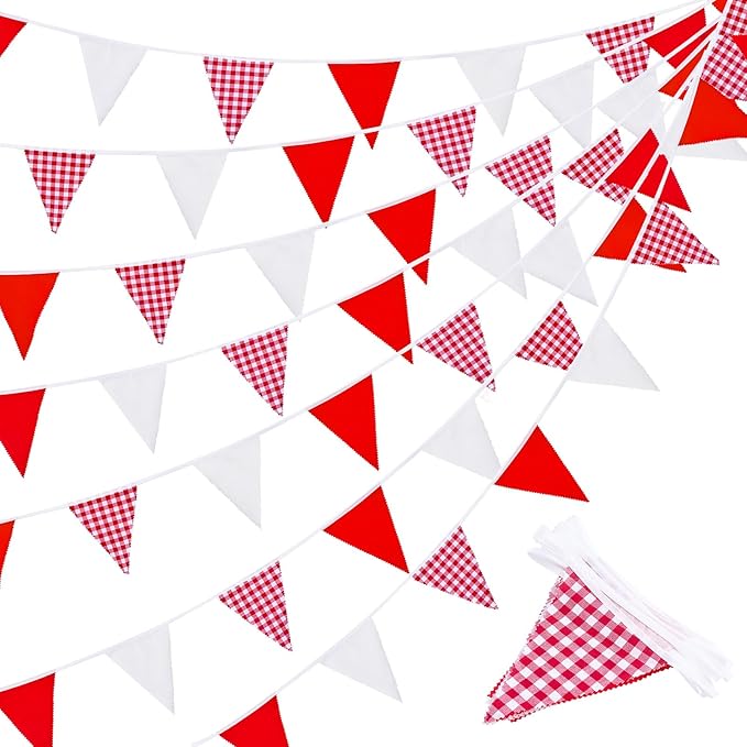 32 Ft Red Plaid Checkered White Pennant Banner Flags Triangle Bunting Garland for Carnival Red Party Decorations for Christmas Wedding Birthday Picnic Outdoor Family Holiday Celebrations