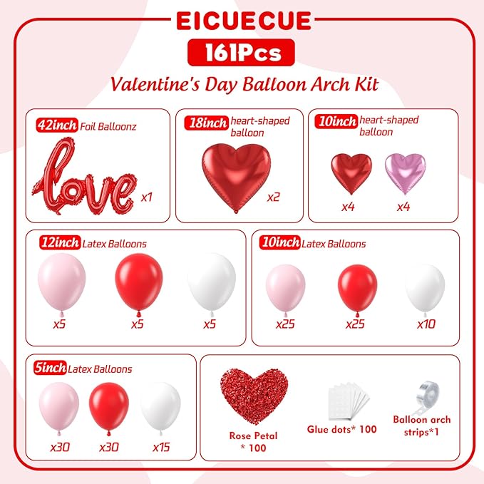 Valentines Day Balloons Garland Arch Kit - 161Pcs Different Size Red Pink White Balloons with Heart and LOVE Foil Balloon for Valentine's Day Galentine's Day Anniversary Party Decorations
