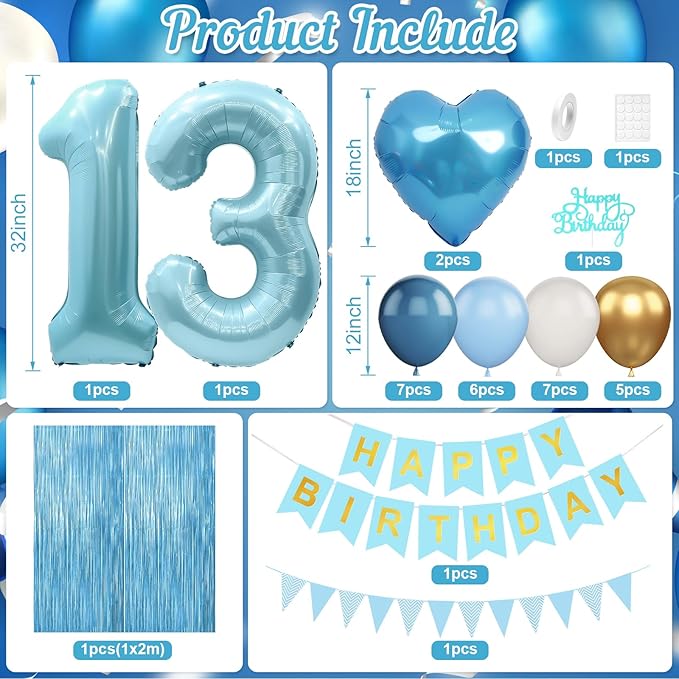 13th Birthday Decorations Blue White Gold,13th Birthday Balloons with Happy Birthday Banner Fringe Curtain Heart Foil Balloons for Boys Girls 13 Year Old Birthday Decor