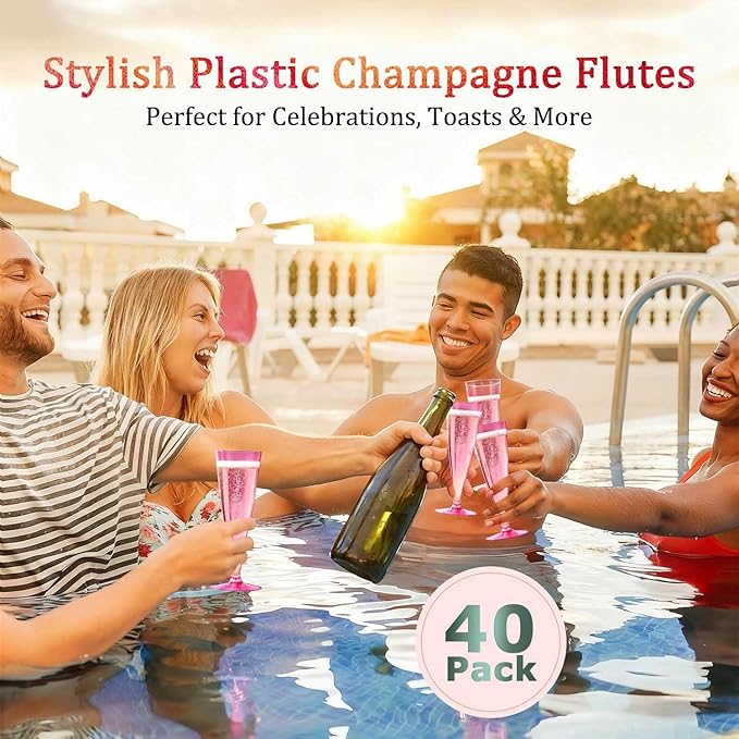 40 Pack Pink Plastic Champagne Flutes Disposable Wine Glasses, 4.5 Oz Clear Mimosa Cocktail Toasting Cups Bulk for 2026 New Year Eve Party Supplies Wedding Bride, Women's Day Decor