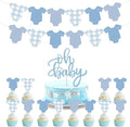2 Pack Boy Blue Bodysuit Banner,1Pcs Blue Glitter Cake Toppers,12 Pcs Cupcake Toppers Happy Birthday Decoration Kit-Bodysuit Theme Kit Party Decoration Baby Shower Party Supplies Decor for Baby Shower