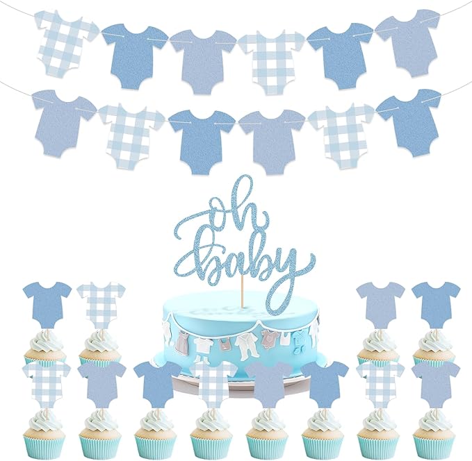 2 Pack Boy Blue Bodysuit Banner,1Pcs Blue Glitter Cake Toppers,12 Pcs Cupcake Toppers Happy Birthday Decoration Kit-Bodysuit Theme Kit Party Decoration Baby Shower Party Supplies Decor for Baby Shower