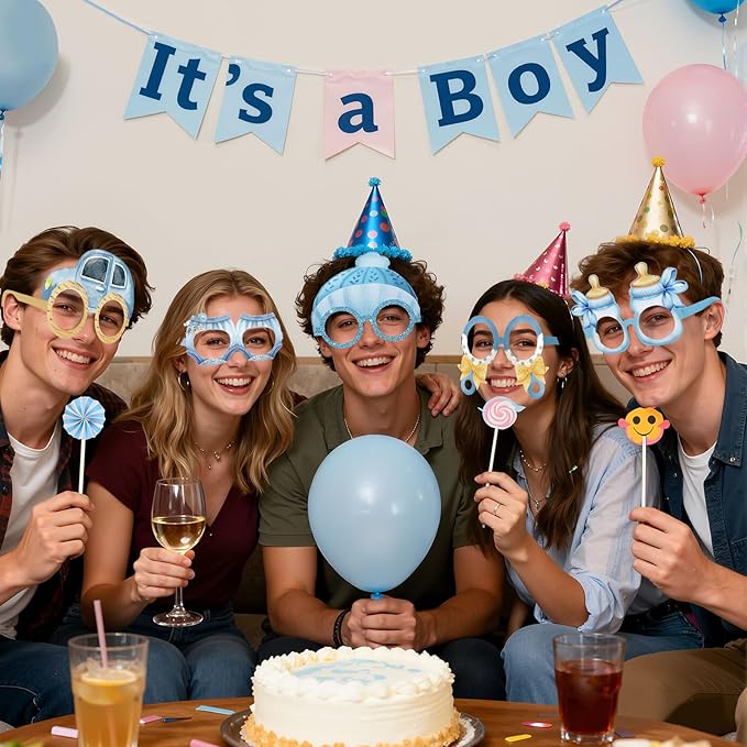 Pajean 32 Pcs Boy Baby Shower Party Decorations It's A Boy Baby Shower Themed Paper Eyeglasses Photo Booth Props Paper Glasses Frame for Gender Reveal Baptism Blue Birthday Party Decor Favors Supplies