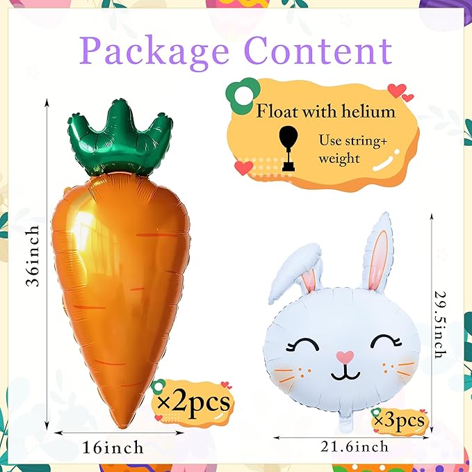 5PCS Easter Bunny Balloons Set Large Rabbit Head & Carrot Foil Mylar Balloons Cute Bunny Face Balloon for Easter Party Decorations Baby Shower Rabbit Birthday Spring Theme Party Supplies