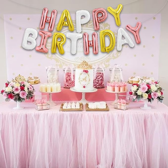 TONIFUL Happy Birthday Balloons Banner 16 Inch Mylar Foil Letters Birthday Sign Reusable for Girls Boys Kids & Adults Birthday Party Decorations Supplies（Rose Gold Gold White）