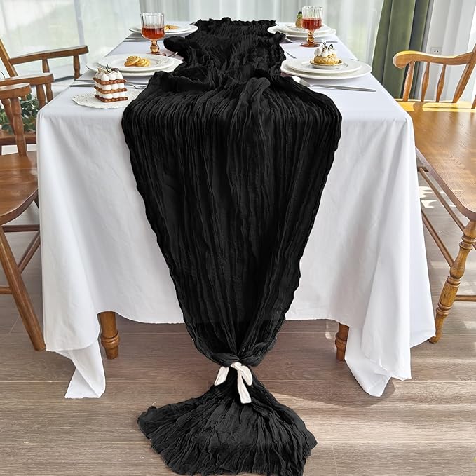 IVAPUPU 2 Pcs Cheesecloth Table Runner - 10ft Black Easter Spring Boho Gauze Black Cheese Cloth Table Runners for Indoor Baby Shower Decoration Wedding Party Garden Decor