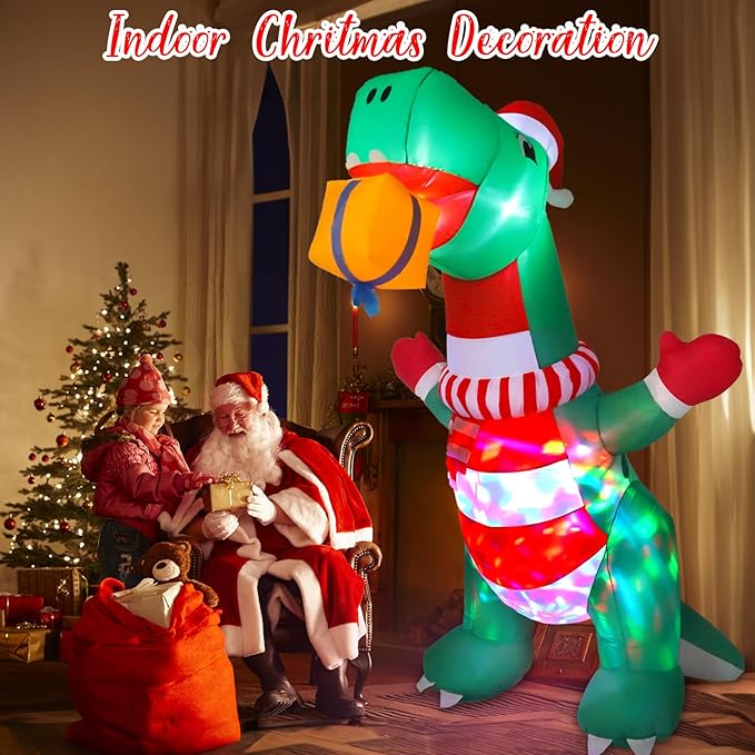 8FT Christmas Inflatables Outdoor Decorations, Blow Up Yard Dinosaur Decoration with Christmas Hat & Gift Box, Built-in LED Lights for Holiday Garden Patio Lawn Party, for Him, Her