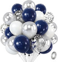 Navy Blue Silver Balloons Kit,50pcs 12inch Royal Dark Blue Metallic Silver White Balloon with Conffetti Latex Balloon for Wedding Graduation Birthday Anniversary Party Decorations