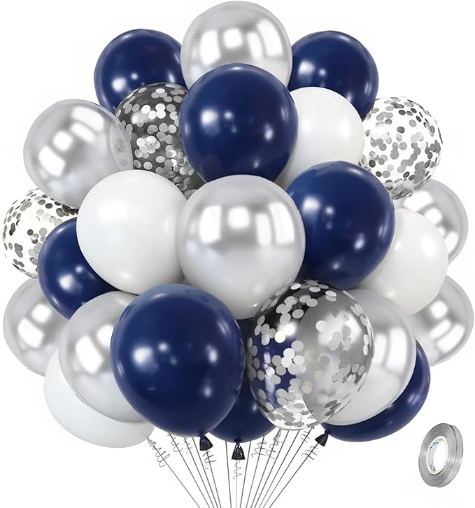 Navy Blue Silver Balloons Kit,50pcs 12inch Royal Dark Blue Metallic Silver White Balloon with Conffetti Latex Balloon for Wedding Graduation Birthday Anniversary Party Decorations