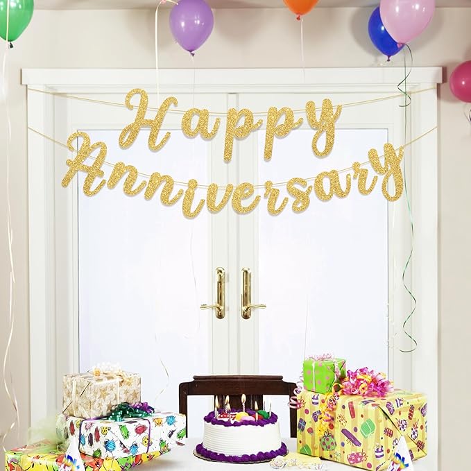 Happy Anniversary Banner Sign Gold Glitter Wedding Bunting Banner Flag Garland for Anniversary Party Decorations Supplies