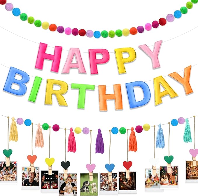 Pre-Strung Happy Birthday Banner, Felt Happy Birthday Garland, Pompom Ball Garland, Colorful Thread Tassel Banner with Photo Clips, Reusable Party Decorations for Party Decor, Photo Prop