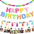 Pre-Strung Happy Birthday Banner, Felt Happy Birthday Garland, Pompom Ball Garland, Colorful Thread Tassel Banner with Photo Clips, Reusable Party Decorations for Party Decor, Photo Prop