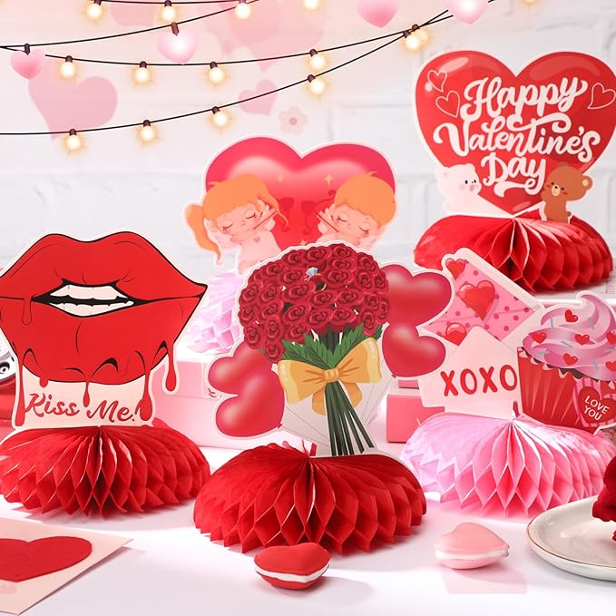 JULMELON Valentines Table Decorations Honeycomb Centerpiece, 8pcs Valentines Day Centerpieces for Tables 3D Valentines Day Table Decor Heart Table Toppers for Valentines Party Decorations