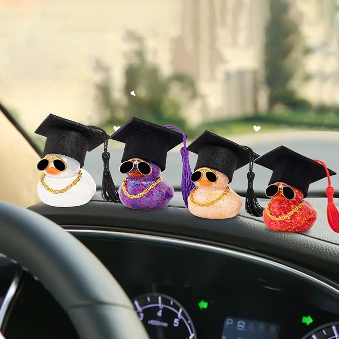 wonuu Car Dashboard Decor Graduation Hat Color Rubber Duck, Car Ducks Ornaments with Mini Graduation Hat Necklace Sunglasses (Glitter, Dark Purple)