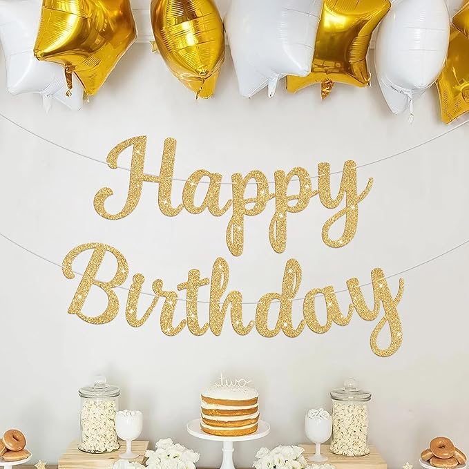 Glitter Happy Birthday Banner Sign Birthday Garland Wall Door Banners Flag for Women Men Boys Girls Party Backdrop Decorations Gold