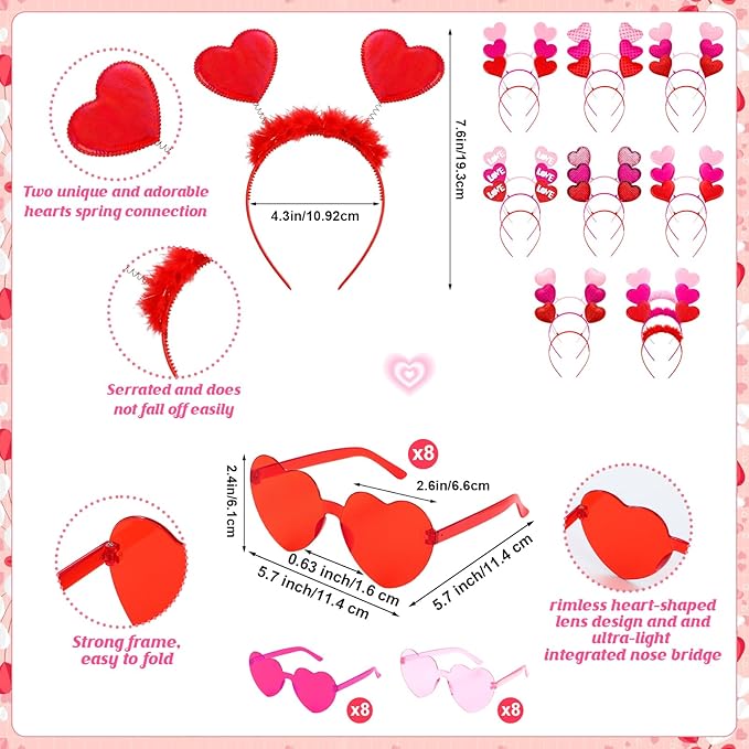 48 Pcs Red Love Heart Bopper Glitter Headbands and Heart Sunglasses, Wedding Party Pink Eyeglasses for Decor