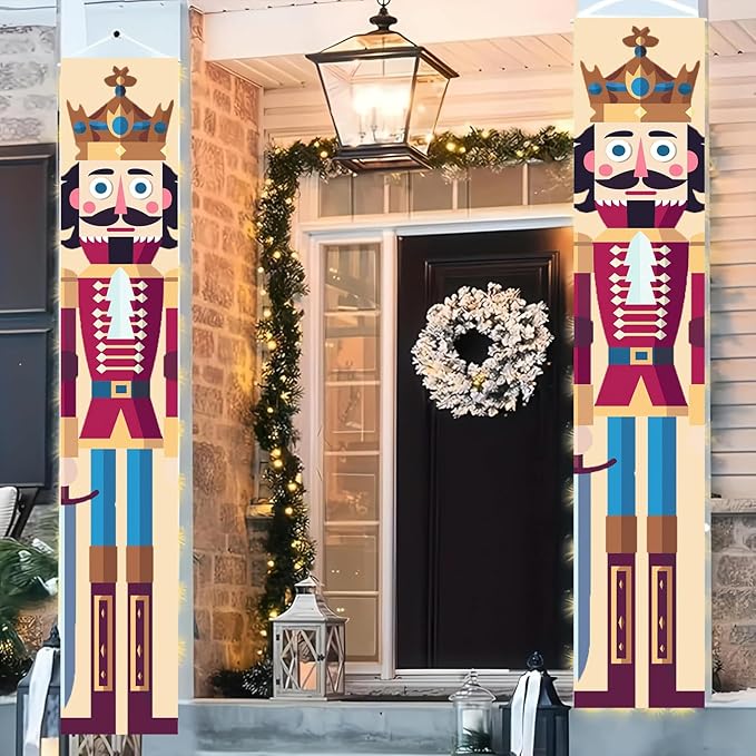 Nutcracker King Porch Banners 12x71 Inch Christmas Door Decorations Soldier Prince Banner with Crown Sword Design Holiday Outdoor Hanging Decor for Front Door Entryway Wall Yard Xmas Supplie