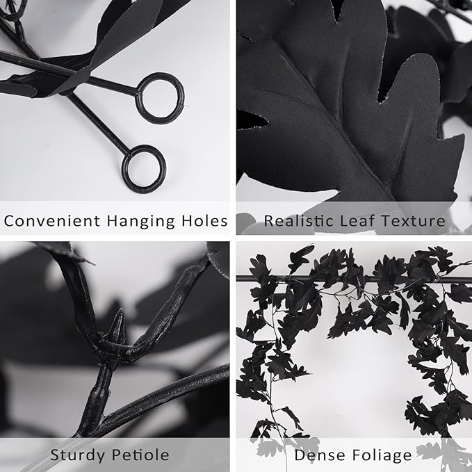 Halloween Garland Decor Indoor Table Decorations Fall Wall Hanging Artificial Black Maple Leaf Vine Decorations for Home (2 Pcs Black Garland, Set)