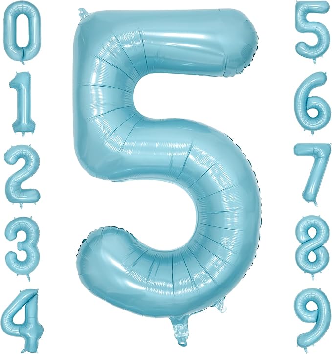 40 Inch Light Blue Number Balloon 5, Large Baby Blue Number 5 Balloons for Birthday Party Decorations, Blue Foil Mylar Birthday Balloons
