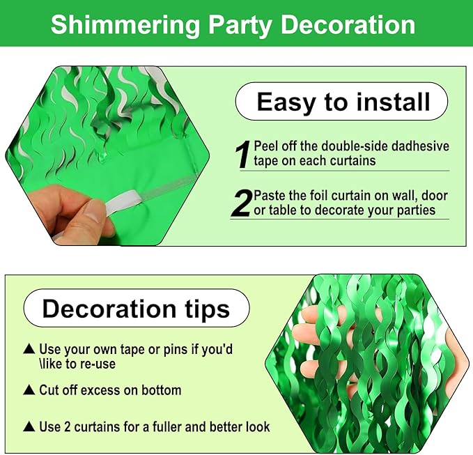 4 Pack Green Wave Foil Fringe Curtain Backdrop, 3.28Ft x 8.2Ft Metallic Tinsel Foil Fringe Streamer Curtains for Photo Booth, Mother's Day, Easter, Birthday, Wedding Party Decoration