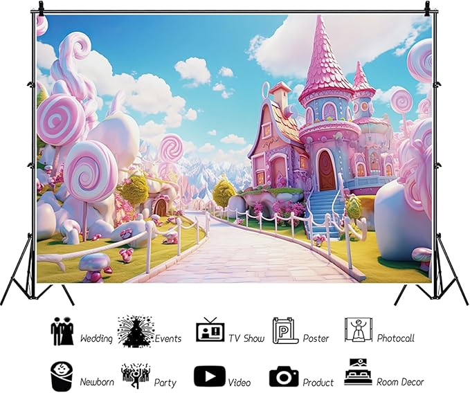 6x4ft Candyland Backdrop Pink Sweet Candy Castle Fairy Tale Photography Background for Girls Princess Birthday Baby Shower Party Decorations Kids Portraits Banner Photo Studio Props