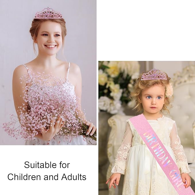 Chanaco Birthday Crown for Women, Birthday Sash and Crowns for Girls, Glitter Tiara and Sashes Kit, Rhinestone Hair Accessories “BIRTHDAY GIRL” Sash for Party Favors