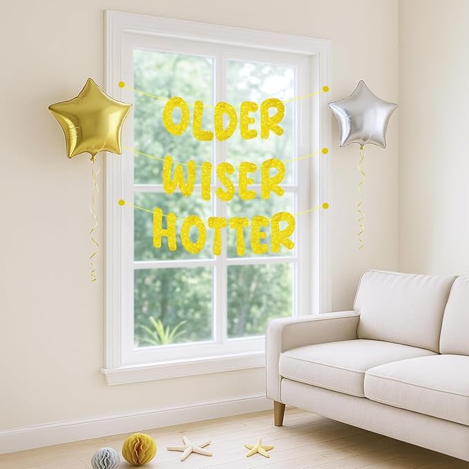 Pre-Strung Happy Birthday Banner Birthday Sign NO DIY Glitter Older Wiser Hotter Banner for Women Men 30th 40th 50th 60th 70th 80th Funny Gold Birthday Decorations (Gold)