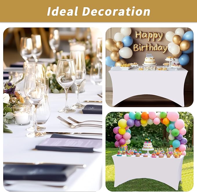 Fixwal 3 Pack White Table Cloths Rectangle 6FT, Tablecloths Rectangular Stretch Spandex Fitted Table Covers 6FT for Parties, Trade Shows, Banquet, Weddings, Buffet, Graduation Decorations