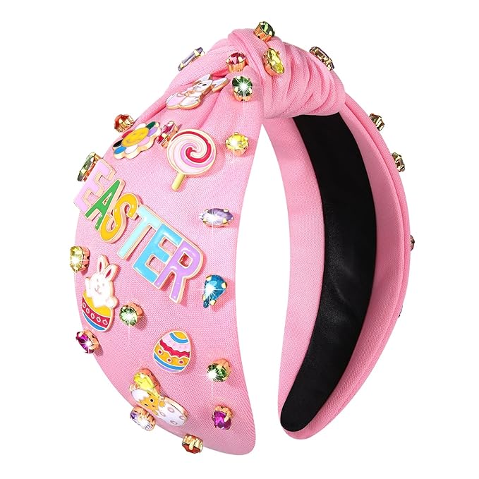 Easter Headband Spring Accessories for Women Easter Egg Bunny Knotted Headband Colorful Crystal Top Knot Headbands Spring Hair Accessories Gifts (EASTER-Pink)