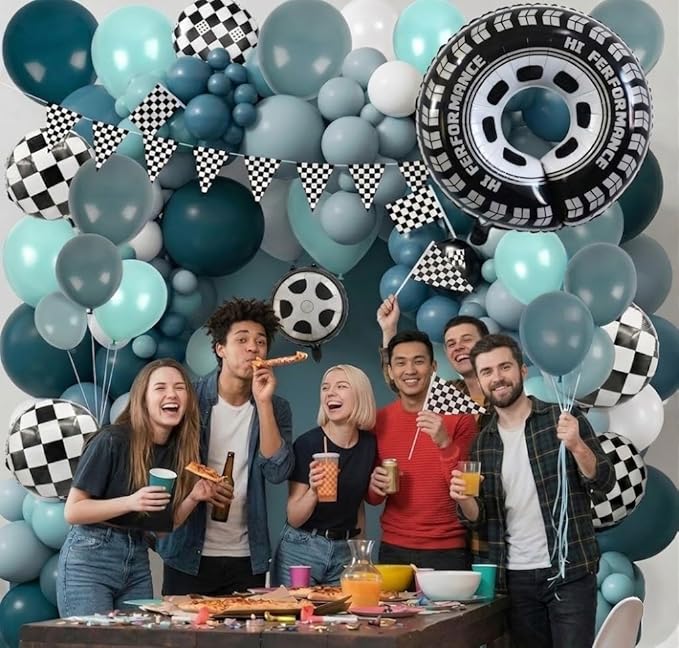 Race Car Balloon Arch Garland Kit 152Pcs Dusty/Peacock/Teal Blue and White Balloons with Wheel Checkered Foil Balloons and Checkered Flag Banner for Two Fast Birthday Party Decorations